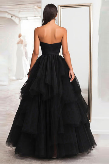 Princesse Robe de bal longue sans bretelles en tulle noir à volants